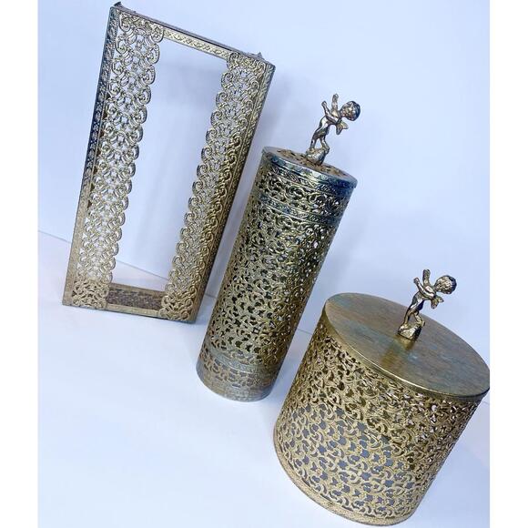 Hollywood Regency Other - Vtg Gold Filigree Tissue, Paper, Hair Spray Can Cover Cherub Hollywood Regency